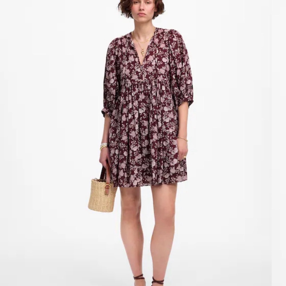 Madewell NWT Splitneck‎ Puff Sleeve Dress Floral Dark Fig 2025 Size Large